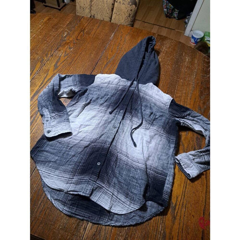 XS American Eagle Long Sleeve Button Front Hooded Flannel Shirt Grey Black